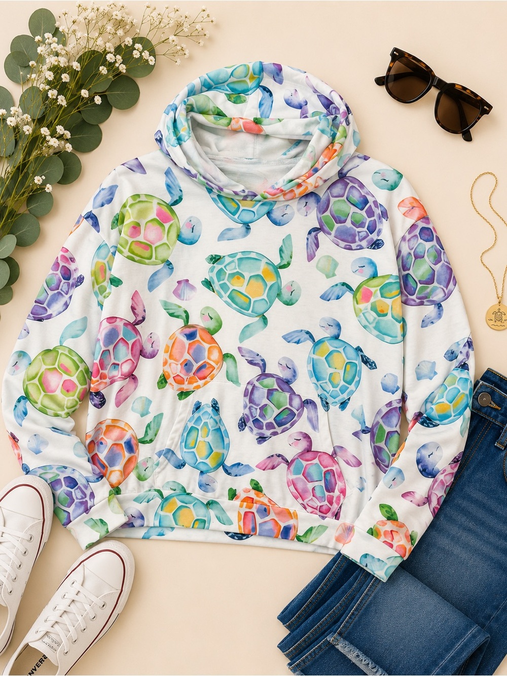 Watercolor Sea Turtle Hoodie XXL Colorful Coastal Beach Pullover